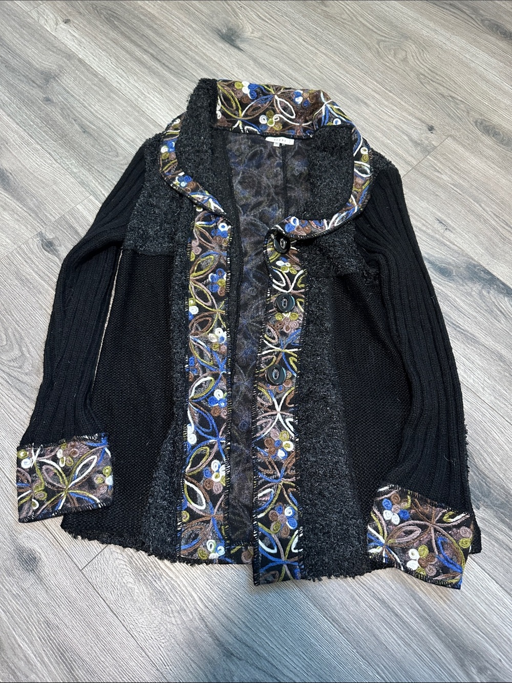 Sioni Black Cardigan with Multicolor Floral Embroidered Trim